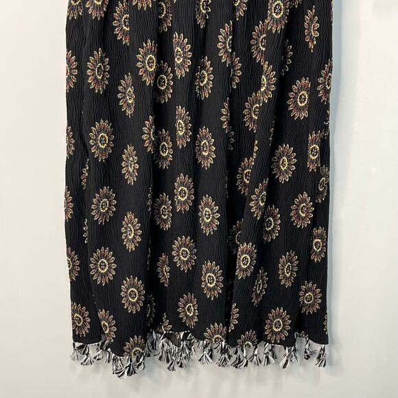 POL Boho Peasant Black Floral Artisan Midi Dress Cinched Waist Tassels Indie M - Picture 8 of 14